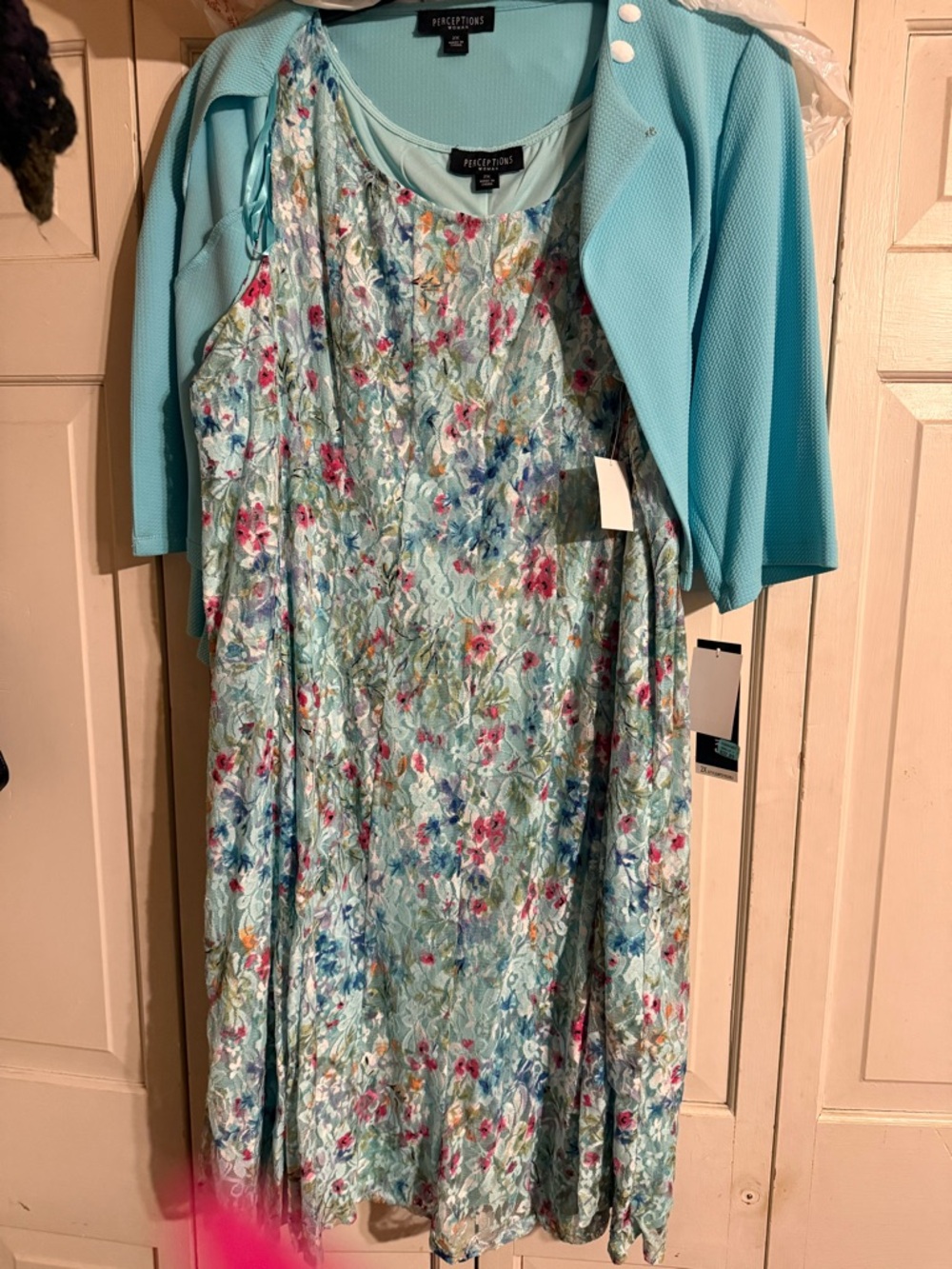 Perceptions Aqua Floral Lace Girls' Dress with Aqua Jacket